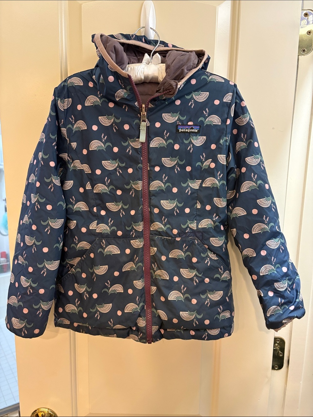 Patagonia Kids Navy Hooded Puffer with Rainbow Print